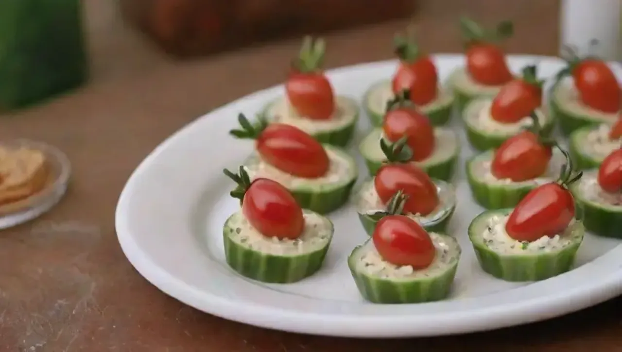 Canapés vibrantes y coloridos en una elegante bandeja, creando un ambiente festivo y delicioso