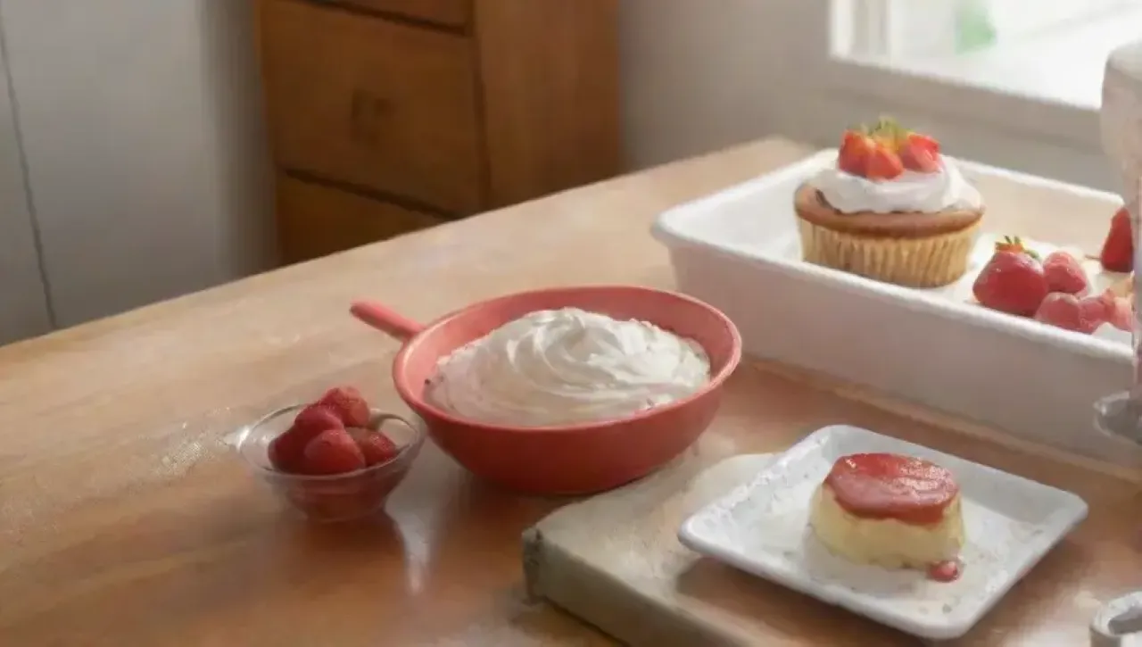 Una cocina vibrante llena de amor y dulzura, con un pastel dorado, fresas y risas