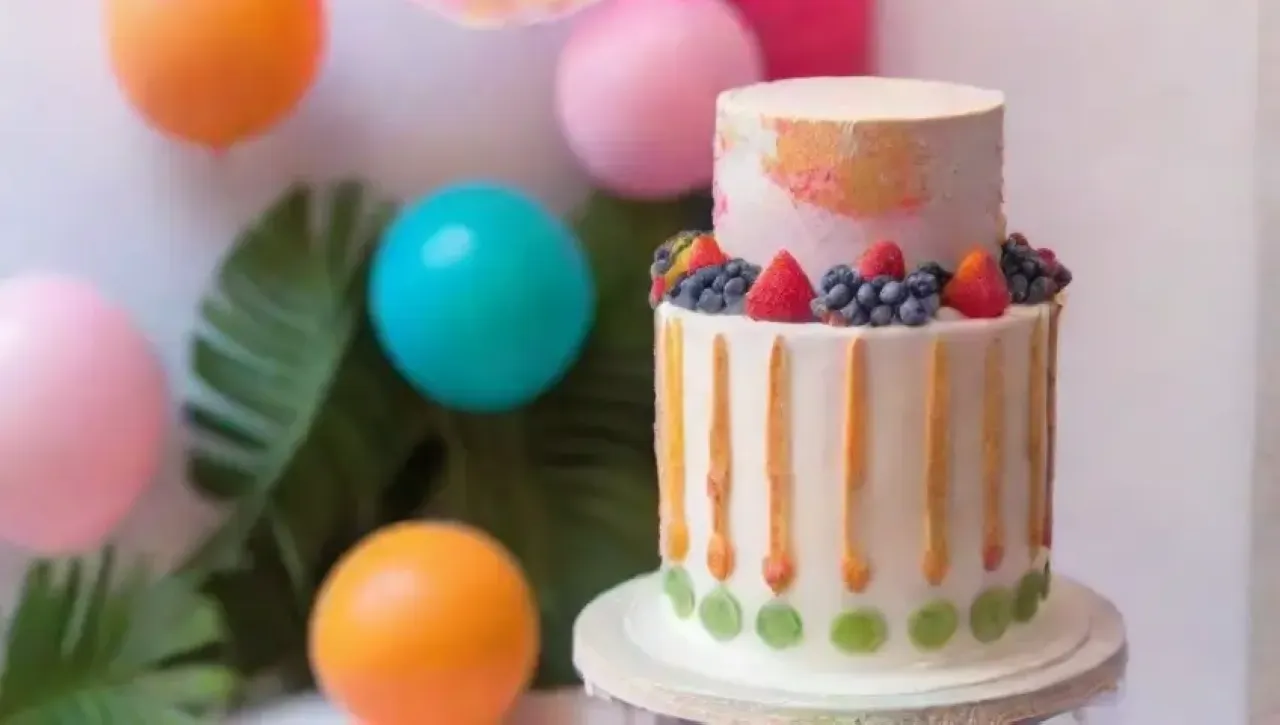 Una colorida y festiva tarta de cumpleaños decorada con fondant, flores, brillos y detalles elegantes