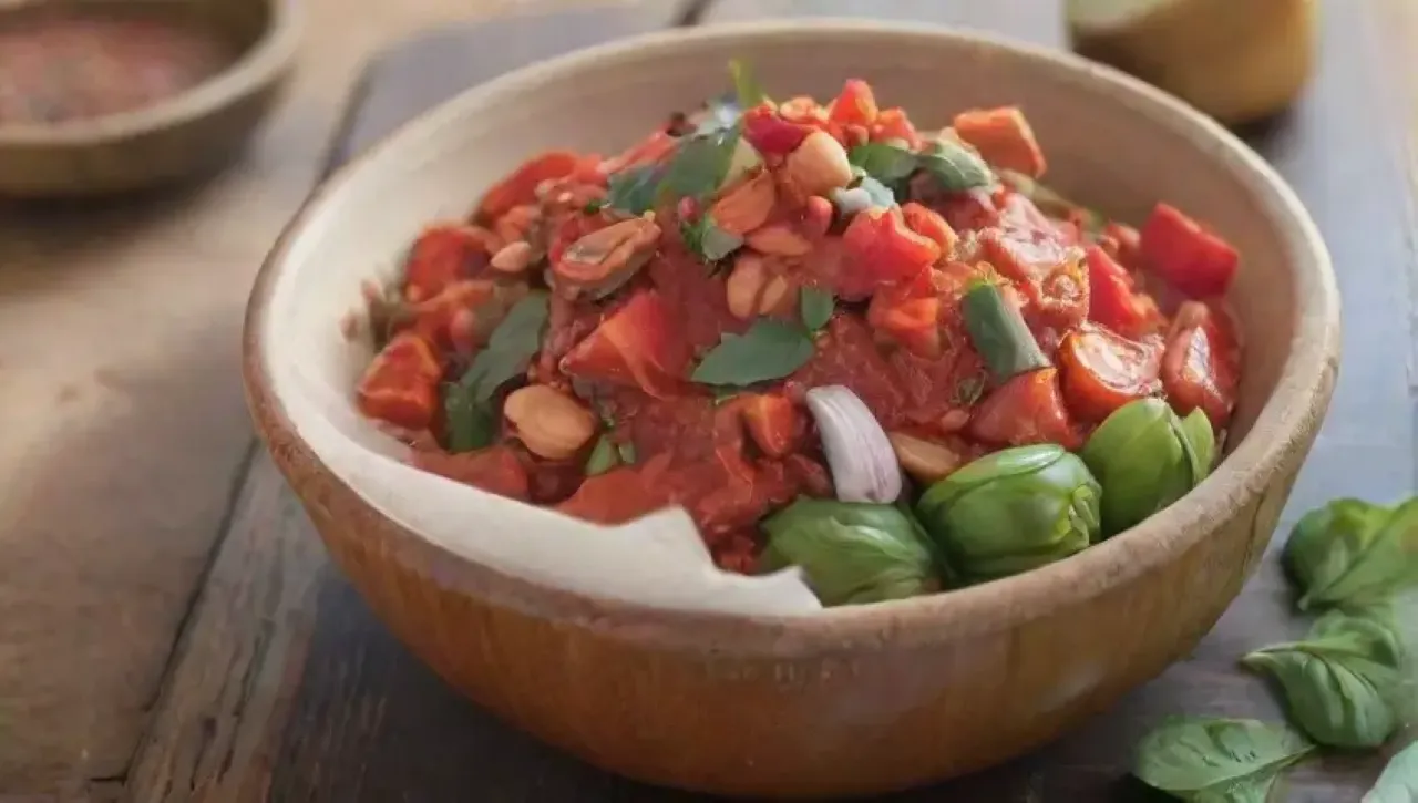 Una mesa vibrante de tapas con salsa roja, ajo, almendras, hierbas frescas y un ambiente alegre