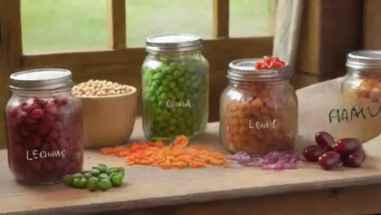 Legumbres vibrantes en frascos, colores vivos y un ambiente acogedor de cocina