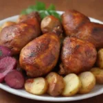 Pollo a la parrilla con papas en forma de corazón y colores festivos