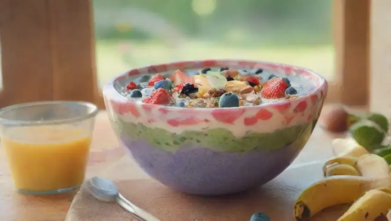 Un tazón de smoothie vibrante y colorido, lleno de frutas frescas y un ambiente acogedor