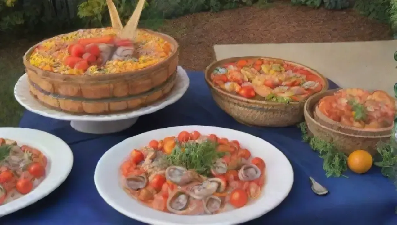 Una festiva mesa de mariscos con champán, luces brillantes y decoraciones elegantes