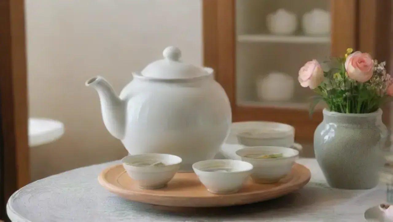 Un acogedor espacio sereno con colores suaves, flores frescas y una elegante mesa de té