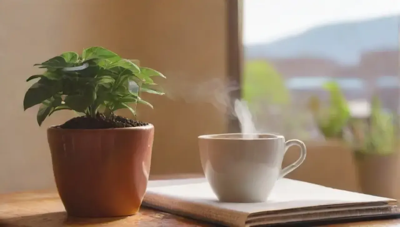 Un acogedor rincón con una taza de café humeante, luz suave y un ambiente sereno