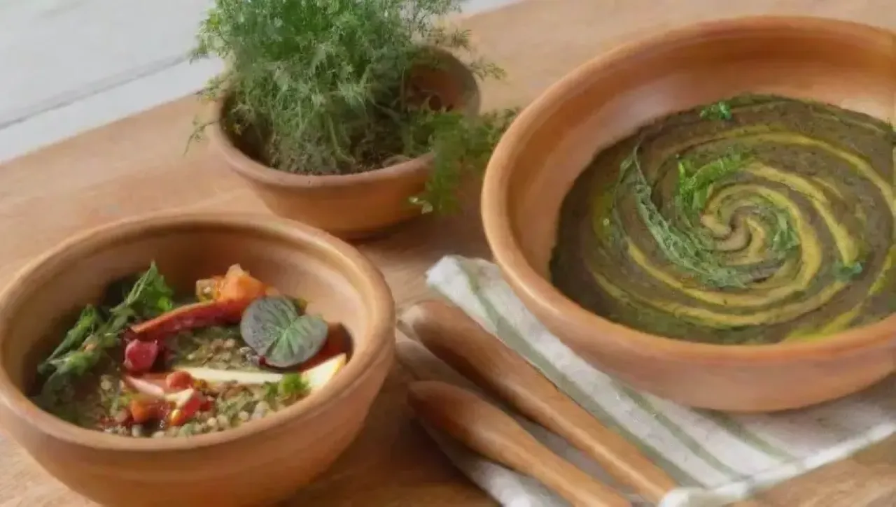 Cocina acogedora con utensilios de madera, vegetales frescos y diseño sostenible