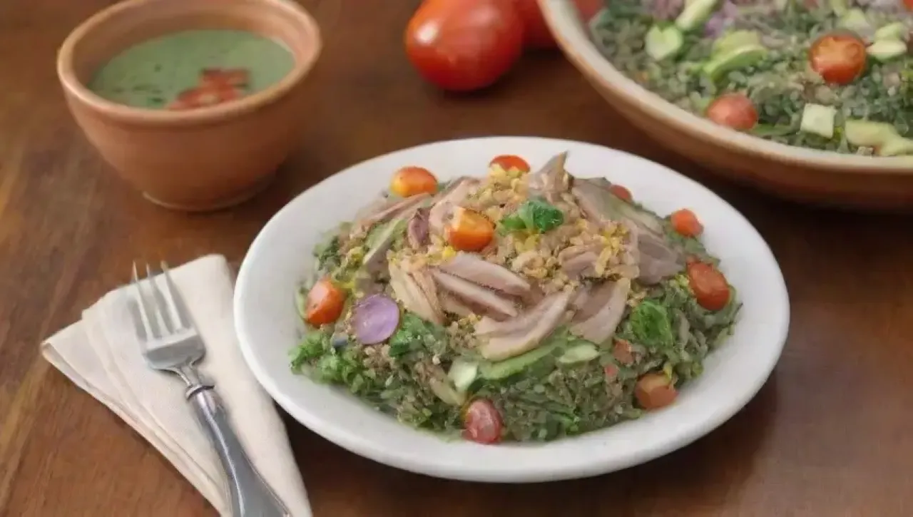 Una mesa rústica llena de coloridos platos de verduras, pasta, pollo dorado y un ambiente acogedor