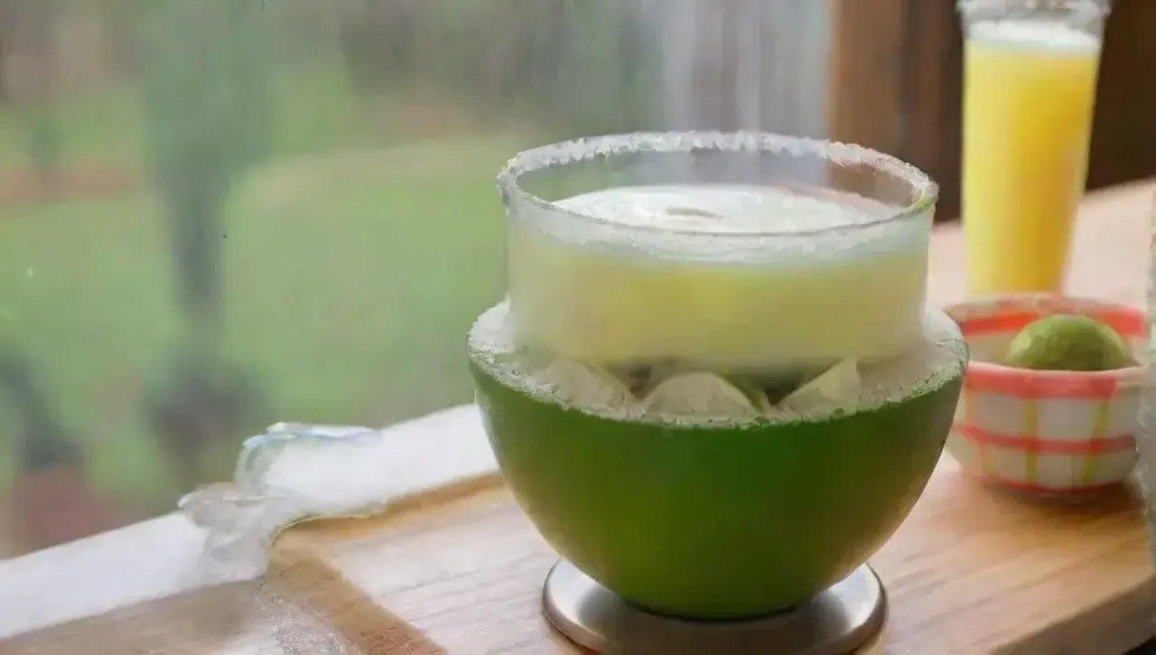 Una escena vibrante de cocina con ingredientes y utensilios listos para preparar un Pisco Sour