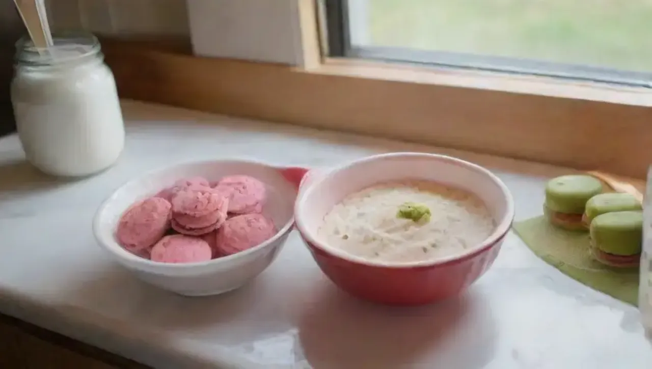 Una cocina luminosa y alegre, llena de ingredientes y utensilios para hacer macarons