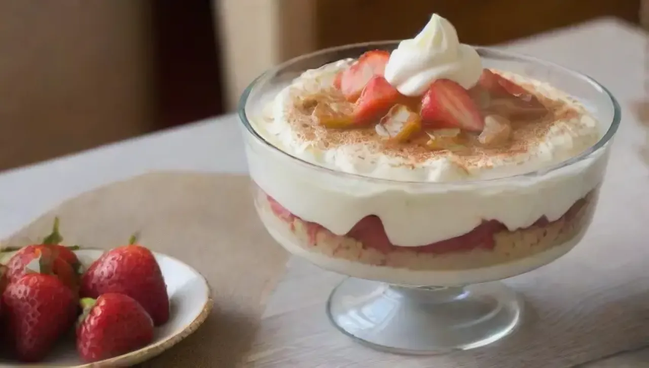 Un delicioso pudín cremoso decorado con frutas, chocolate y caramelo, en un ambiente acogedor lleno de risas y sabores