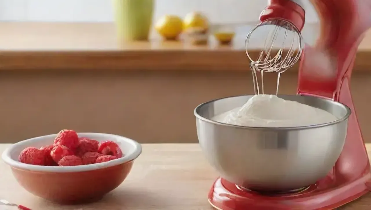 Una cocina vibrante y luminosa con un batidor de acero inoxidable, crema batida, frutas, y un ambiente alegre de repostería