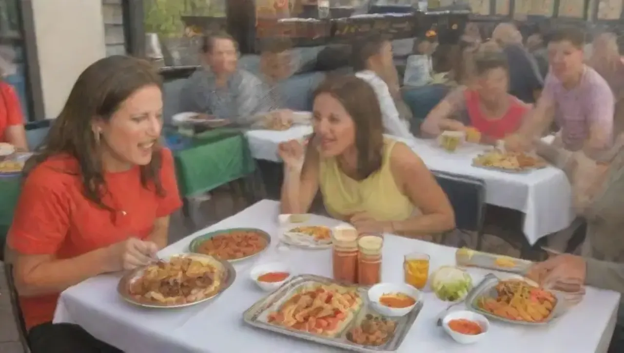 Escena gastronómica vibrante con comensales, menús coloridos y preocupaciones por la inflación