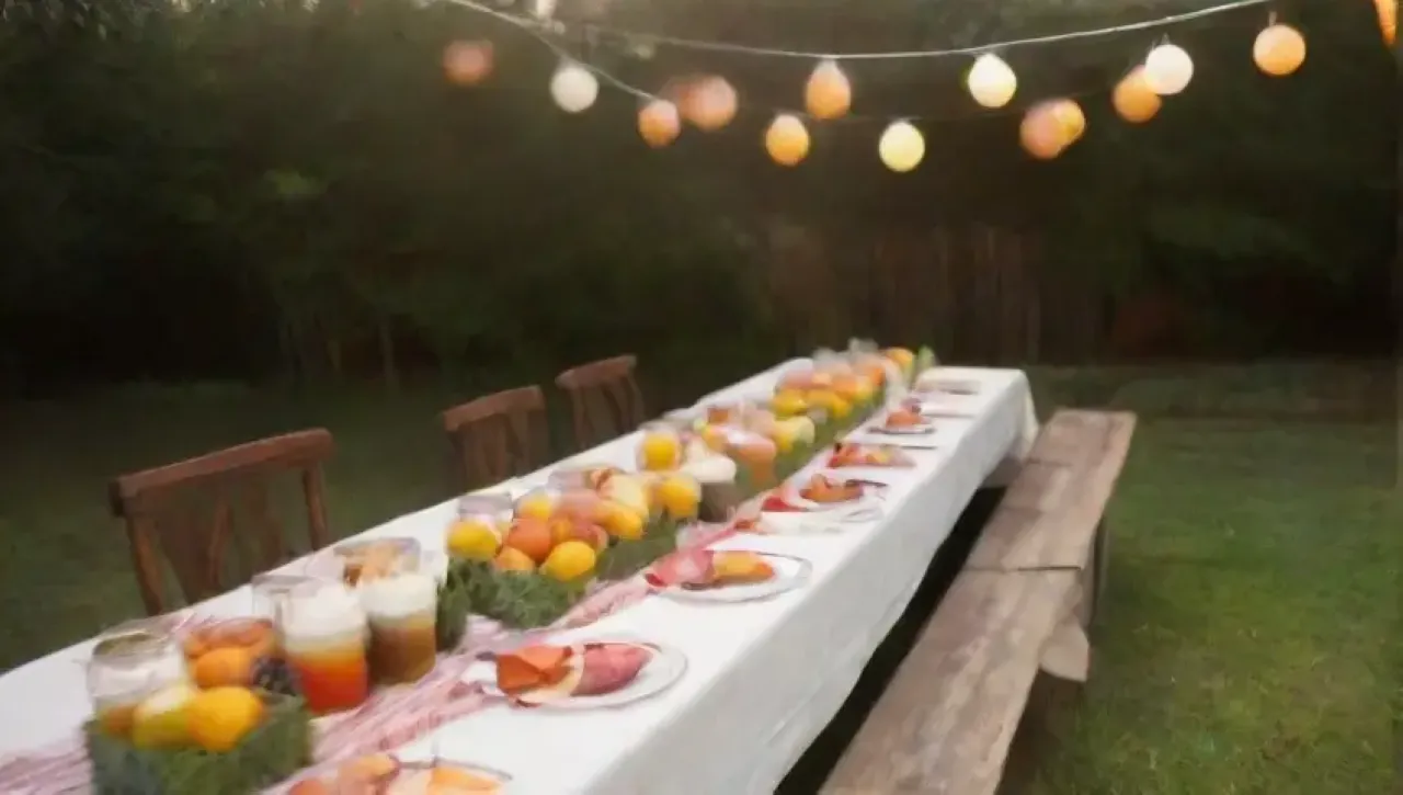 Una mesa festiva decorada con guirnaldas, farolitos, flores, platos sin gluten y luces brillantes