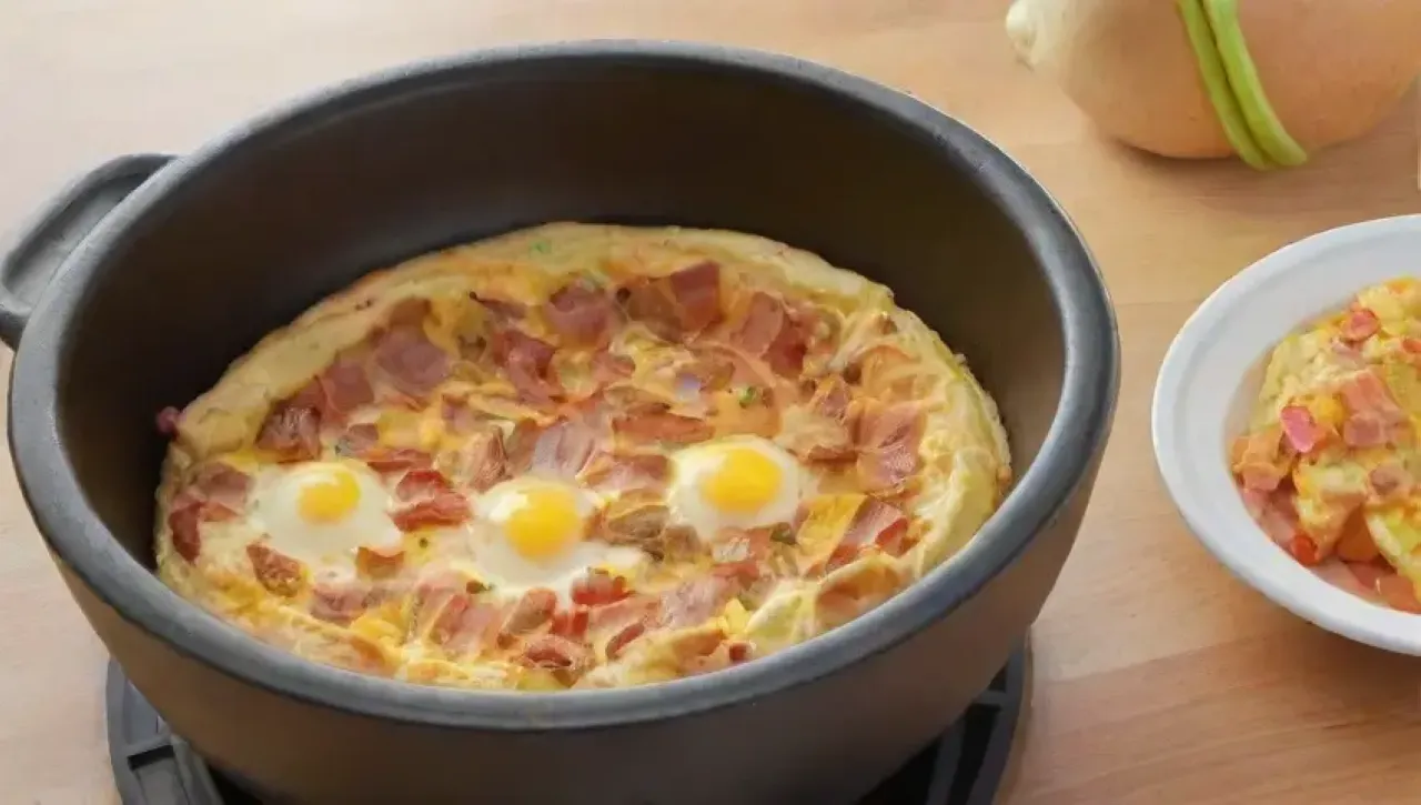 Desayuno delicioso con omelet de queso, tocino y hierbas en una cocina iluminada