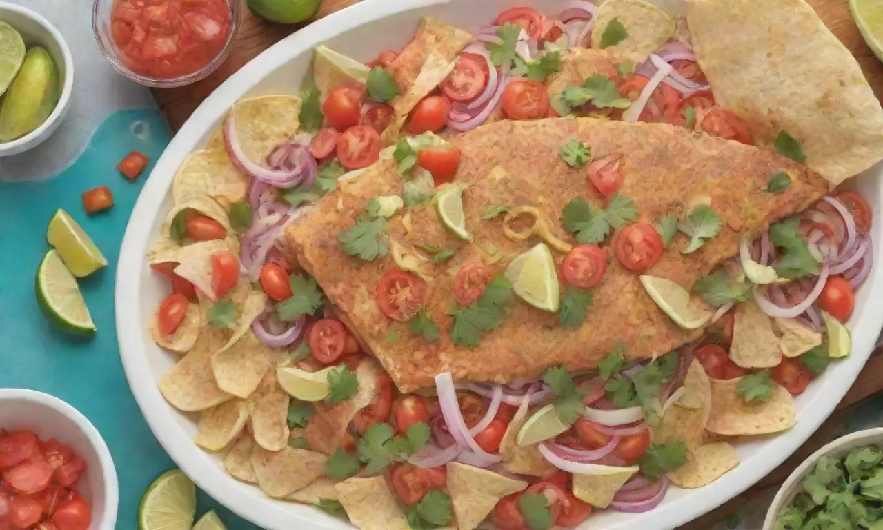 Pescado colorido con lima, cilantro fresco, jitomate, cebolla y totopos crujientes