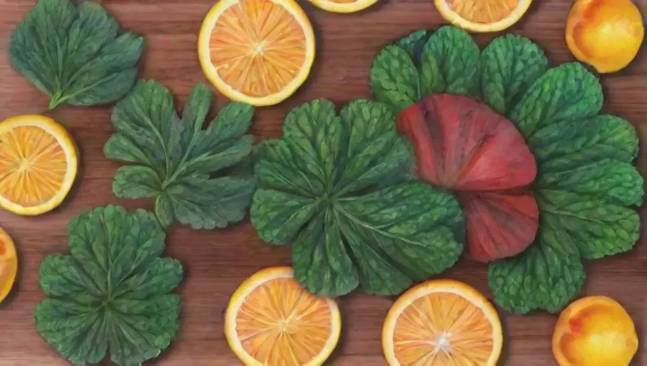 Una colorida variedad de frutas, verduras y hierbas frescas sobre una mesa de madera rústica