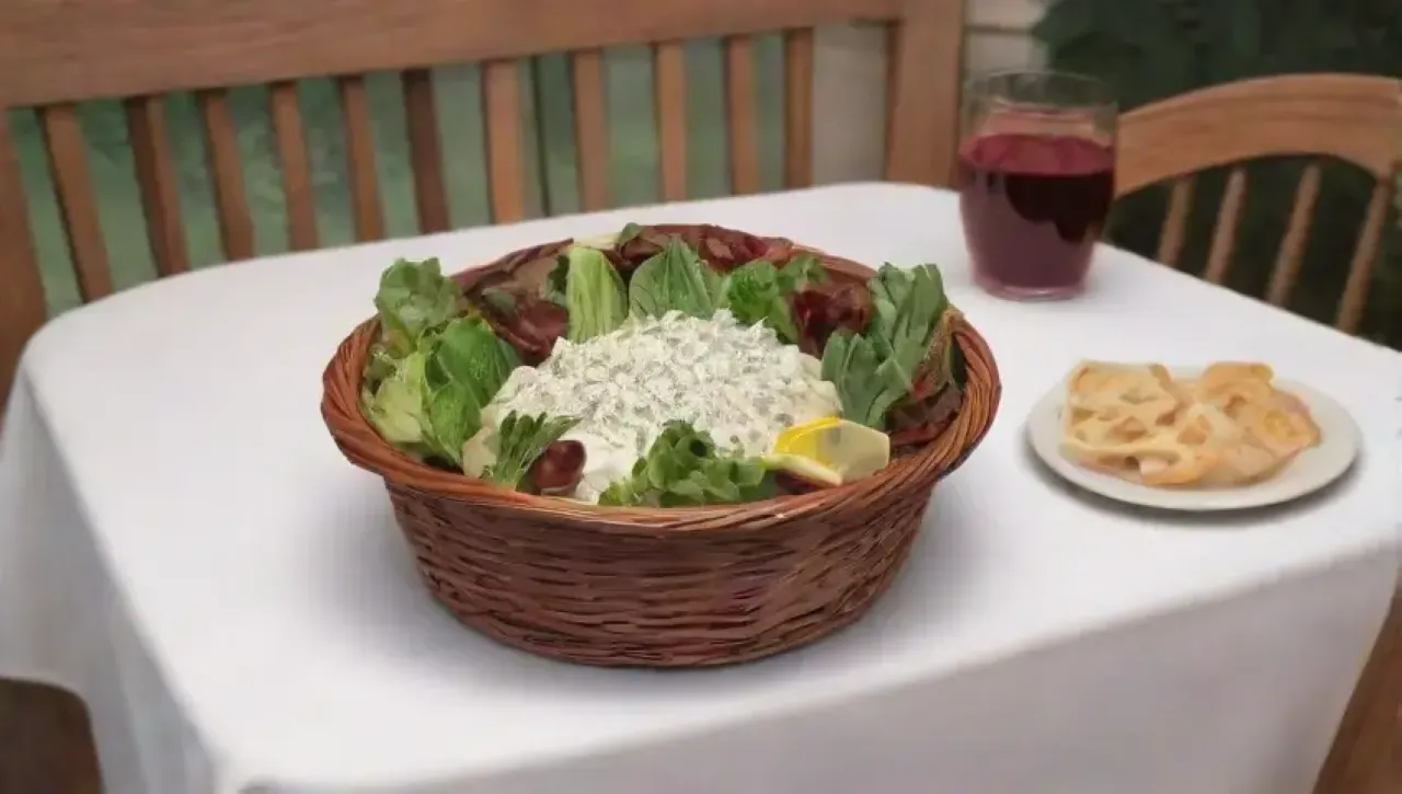 Una mesa romántica y acogedora con velas, ensalada César, vino tinto y risas