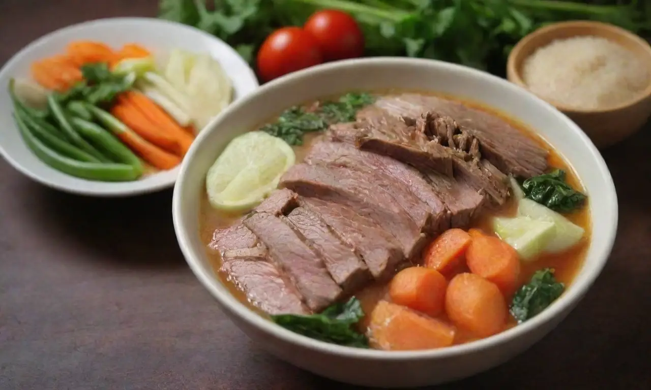 Bol vibrante de Sinigang con caldo ácido, verduras frescas, carne tierna y cilantro