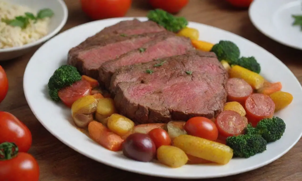 Ingredientes coloridos y tierna carne en una deliciosa y rápida presentación de la cocina serbia