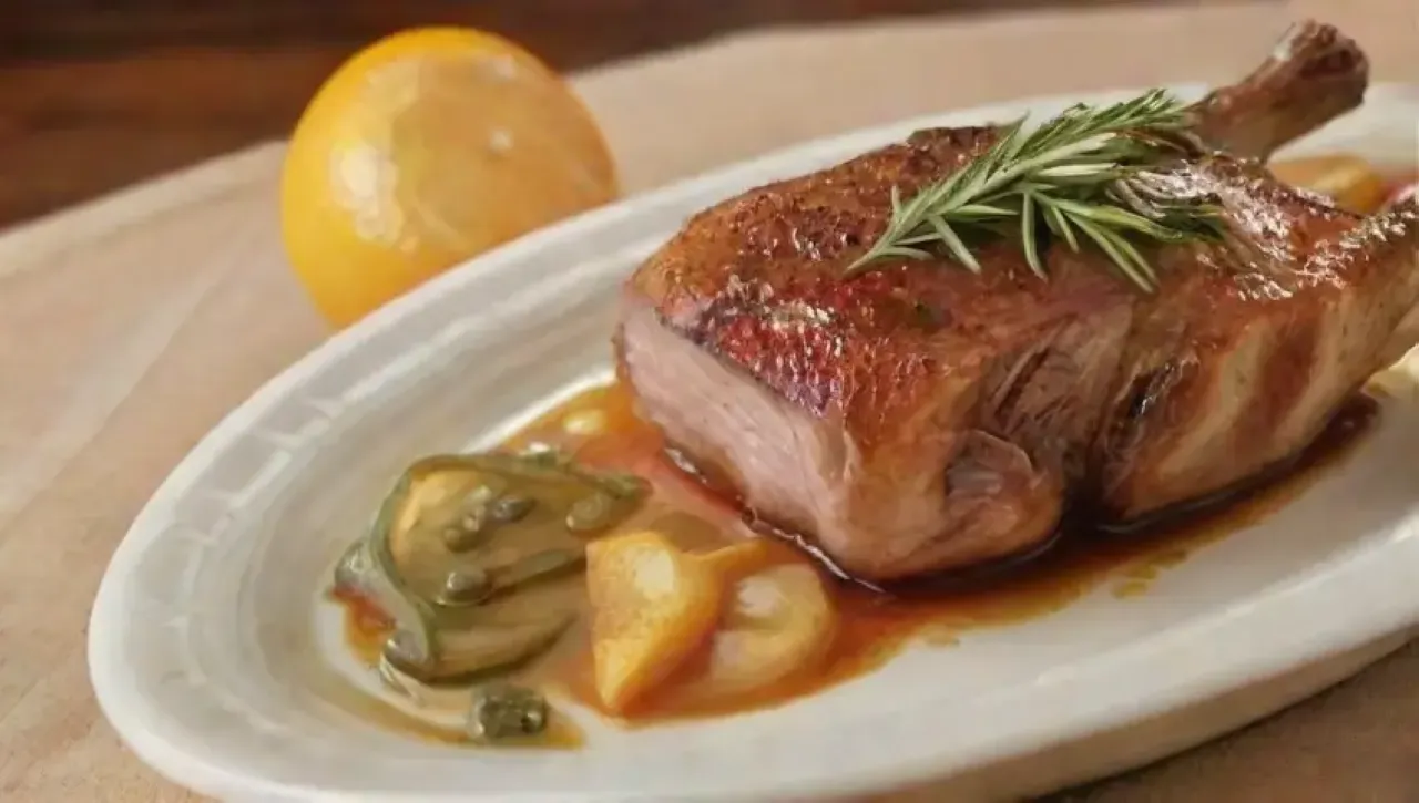 Una mesa festiva con pato asado, salsa brillante y decoraciones elegantes