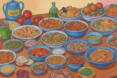Platos coloridos y festivos con sabores tradicionales y atmosfera alegre