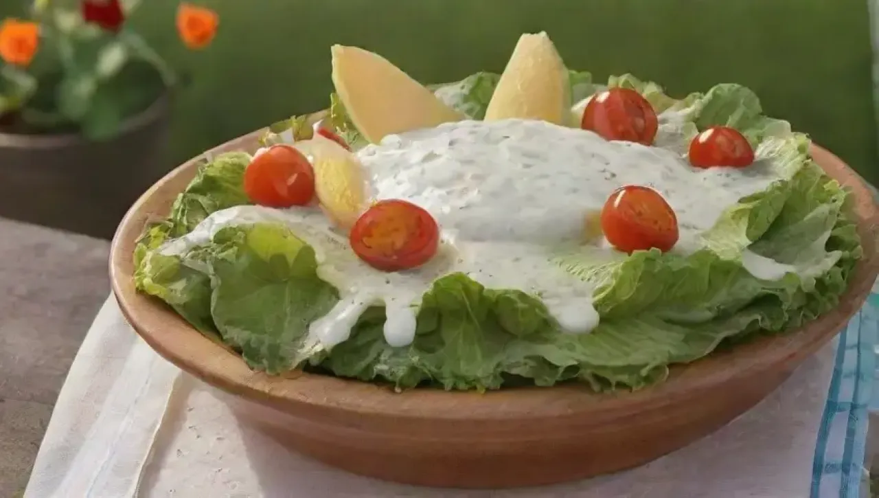 Una ensalada fresca y vibrante en un tazón de madera, con lechuga, aderezo César, crutones dorados y tomate