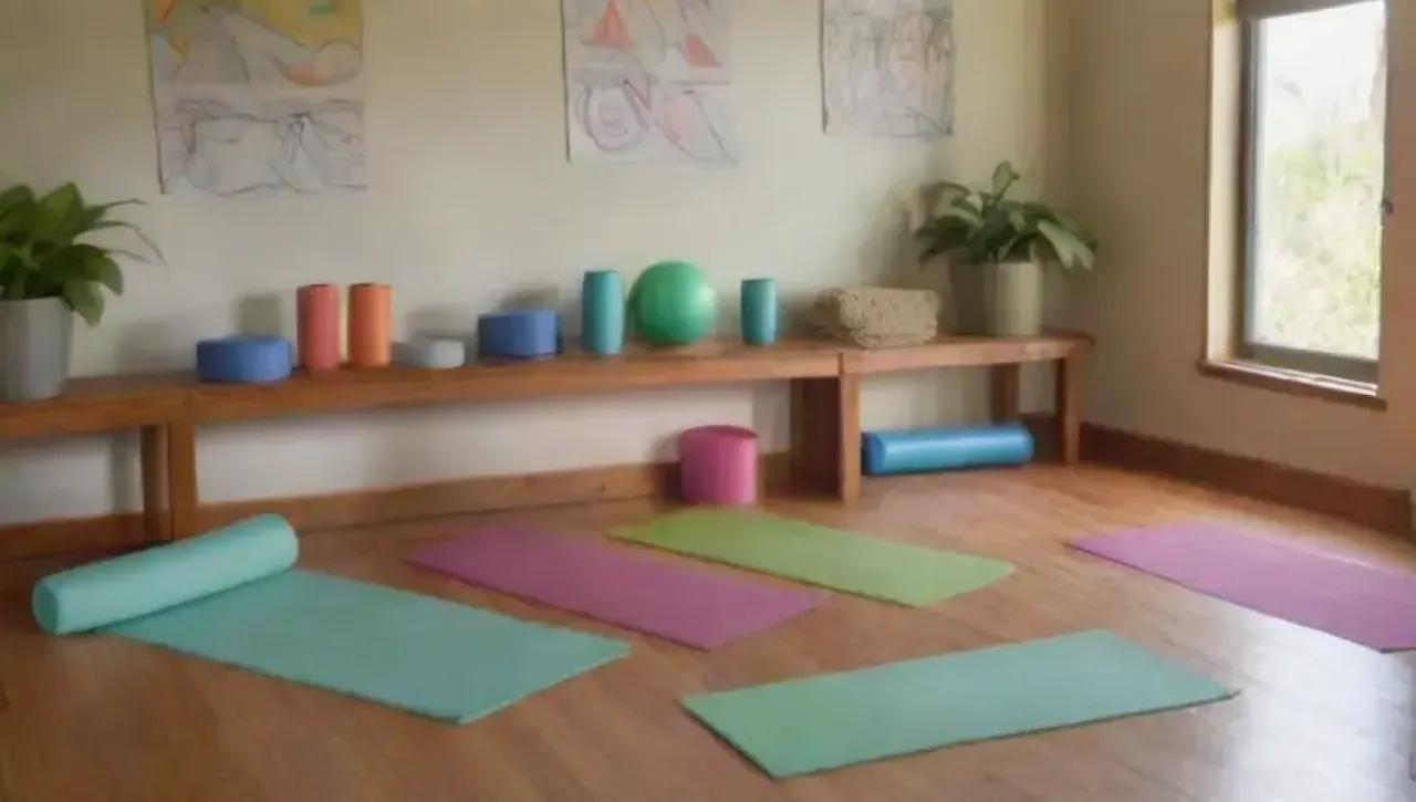 Un espacio sereno de yoga con colores vibrantes y personas en movimiento
