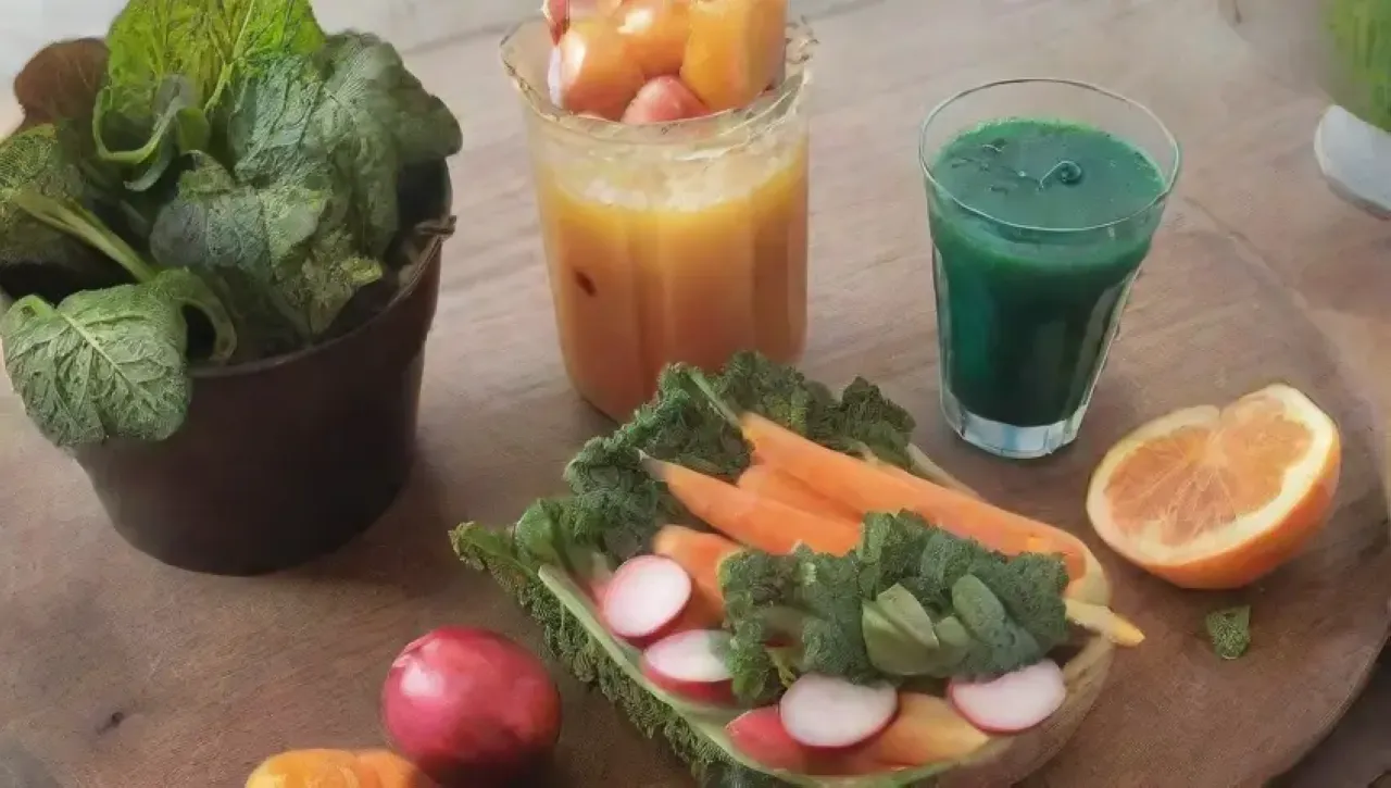 Una colorida y fresca escena de cocina con frutas, verduras y jugos