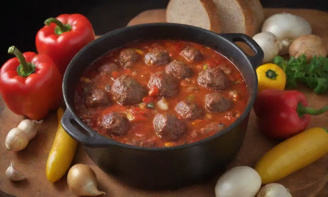 Guiso húngaro clásico con carne, cebolla, pimientos y especias
