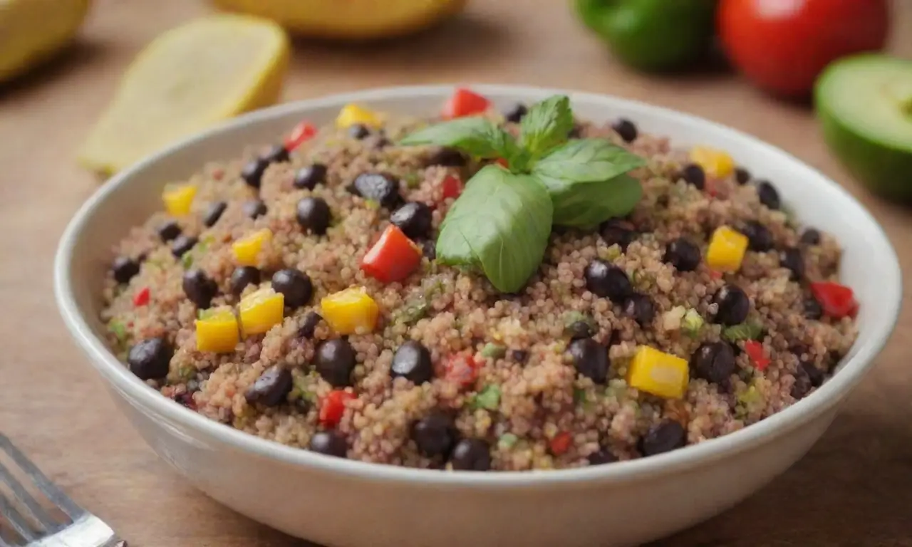 Ensalada de quinoa brillante con frijoles negros y sabores tropicales