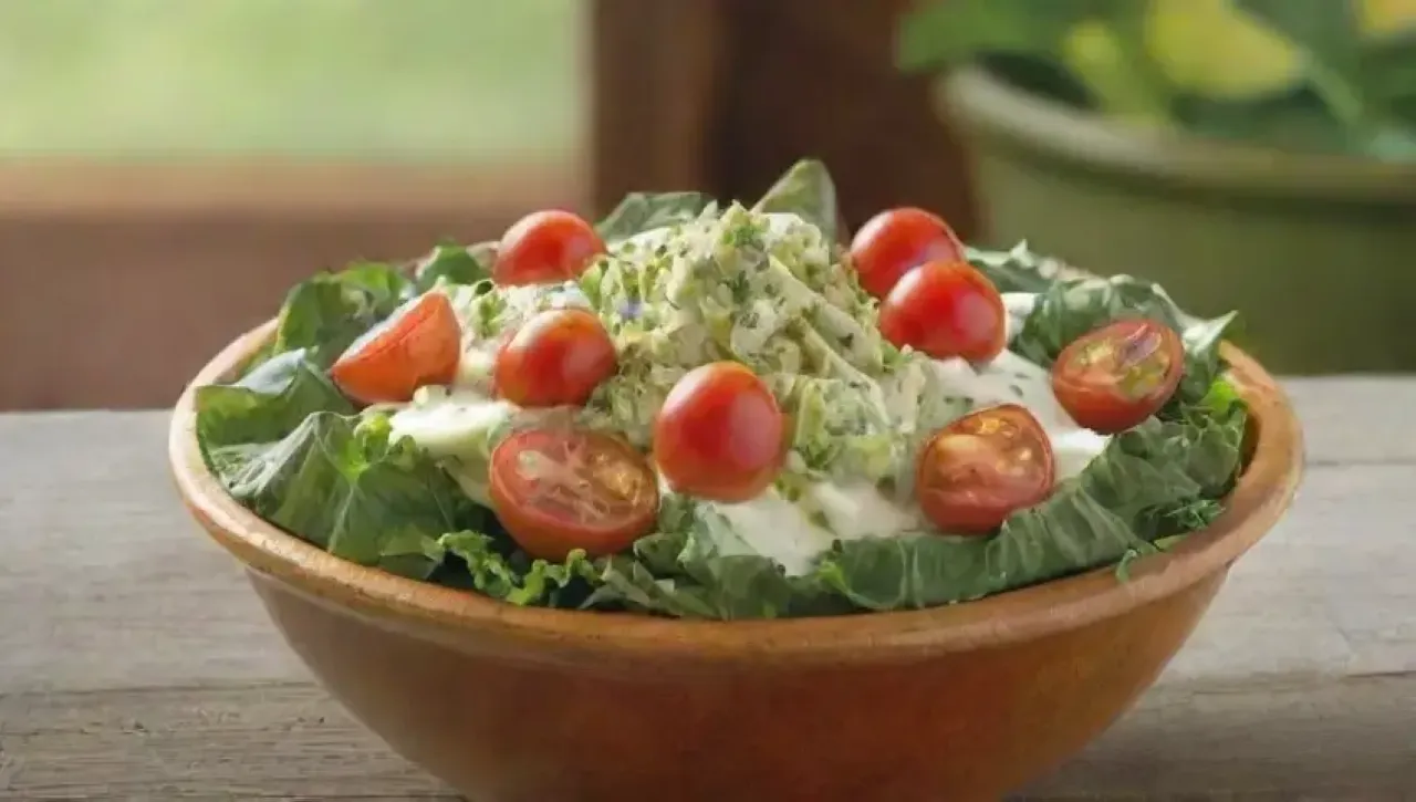 Ensalada fresca de lechuga romana con aderezo César, crutones, parmesano, limón, tomates cherry y perejil, lista para disfrutar