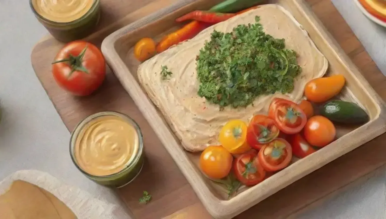 Un colorido y saludable plato de hummus con verduras frescas y un toque de elegancia