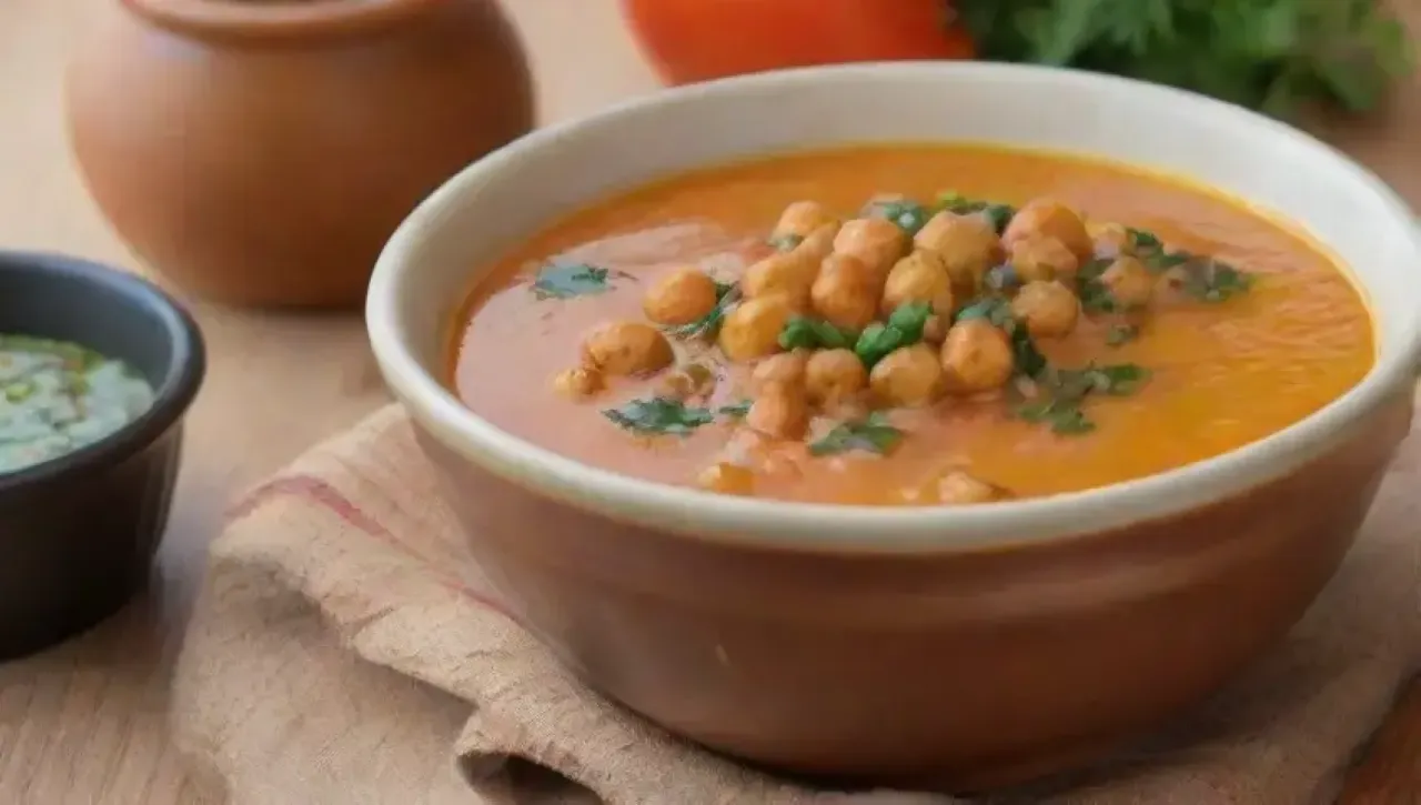 Un tazón humeante de garbanzos dorados y trigo tierno, con perejil fresco y especias, evoca calidez y confort en una cocina acogedora