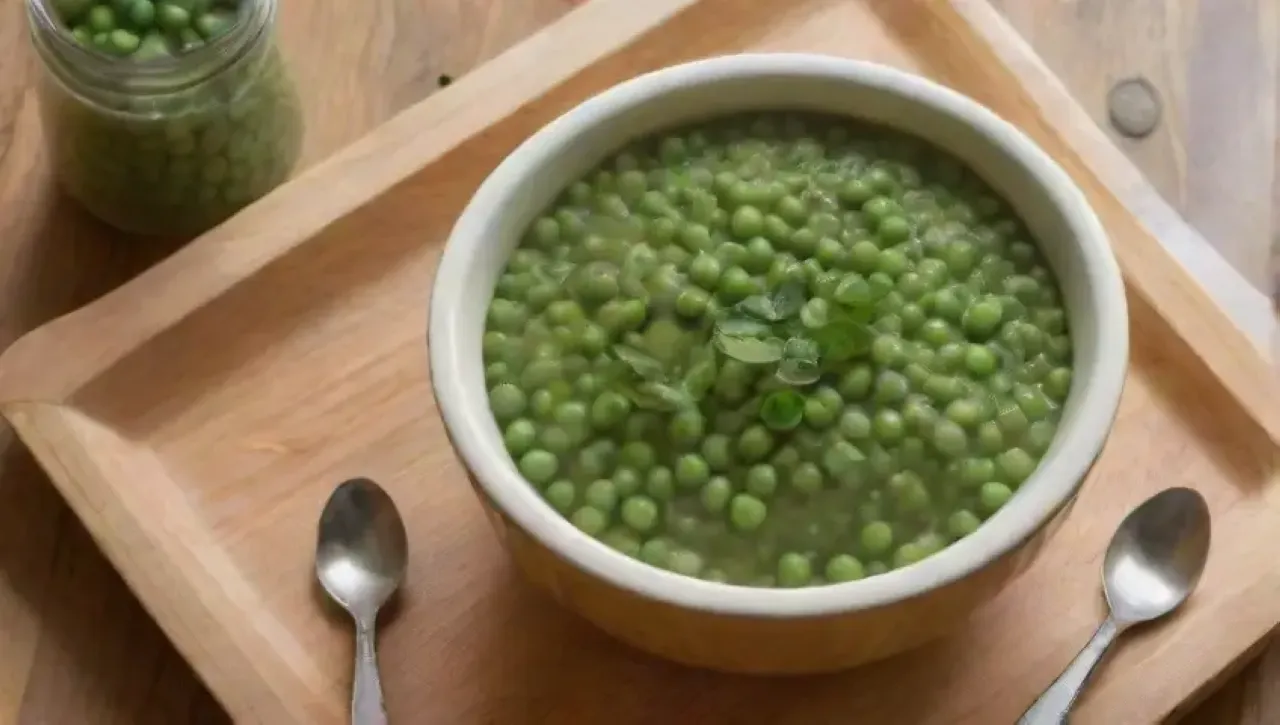 Un plato de guisantes verdes humeantes con menta y limón, rodeado de especias y utensilios en una cocina acogedora