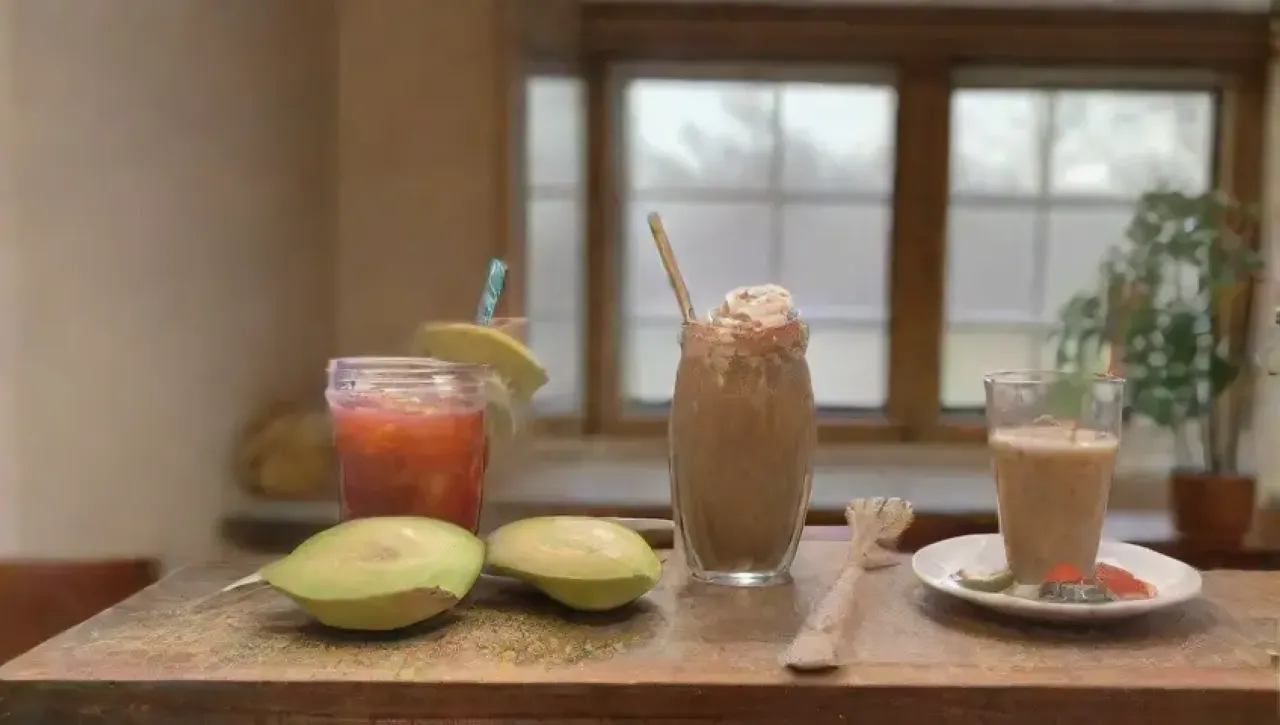 Un acogedor rincón de cocina con café, batidos y frutas frescas