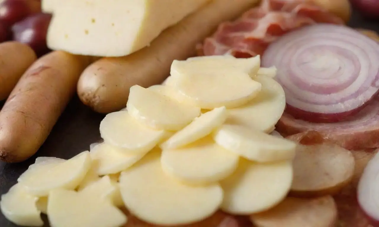 Ingredientes listos: queso en rodajas, papas peladas, cebollas picadas, bacon en cubos y especias preparadas