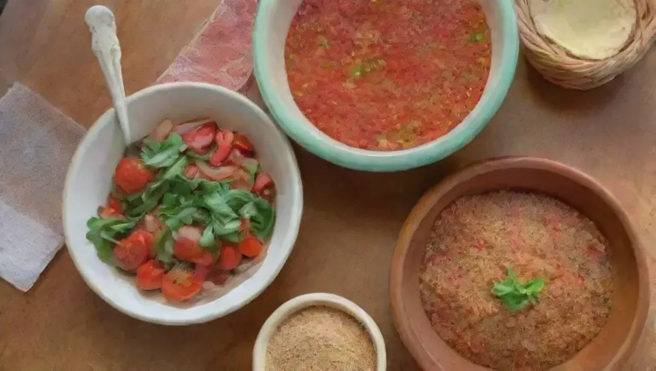 Una cocina acogedora llena de ingredientes frescos y coloridos, donde un chef sonriente prepara platos vibrantes