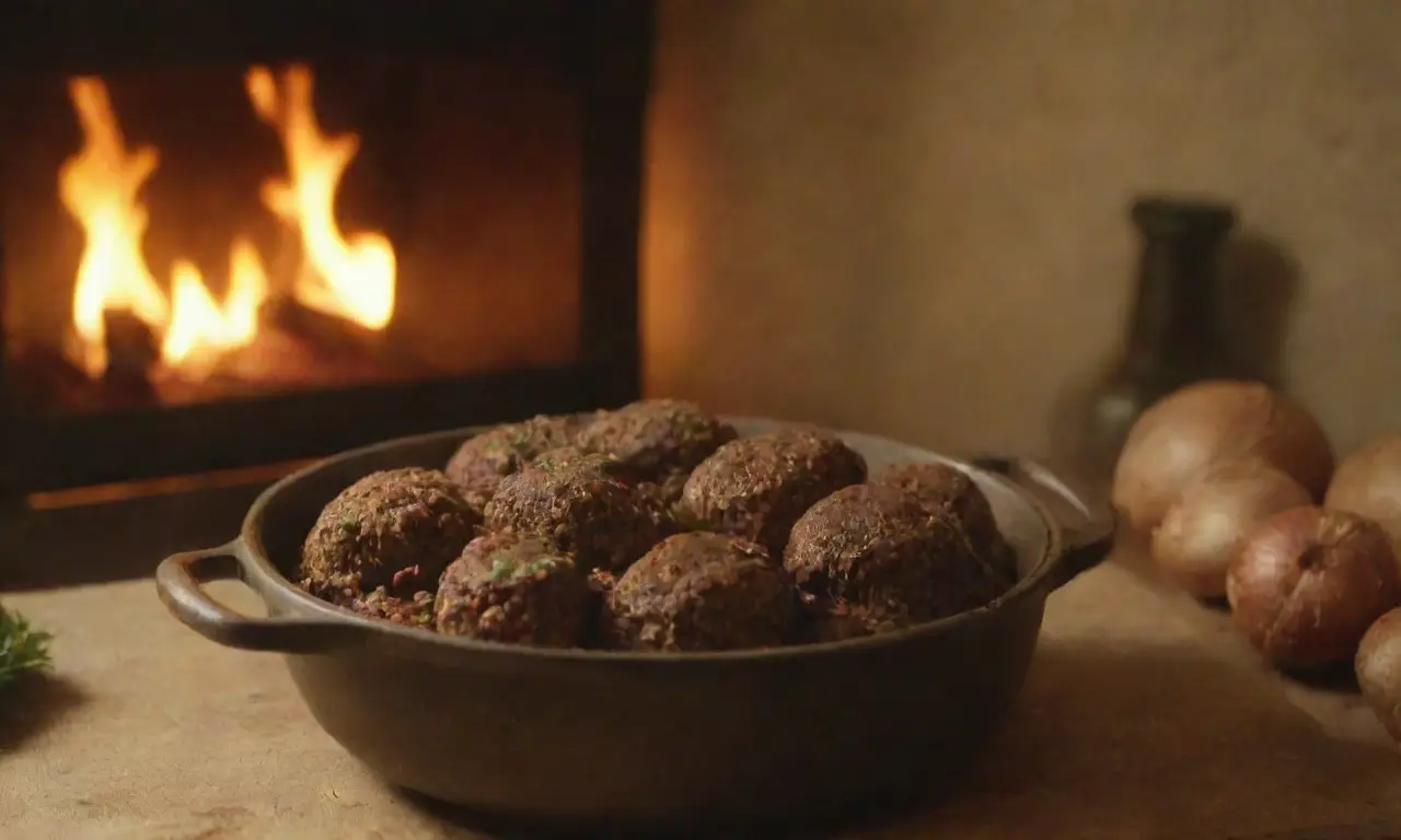 Paisaje escocés y cocina rústica con haggis en un ambiente festivo