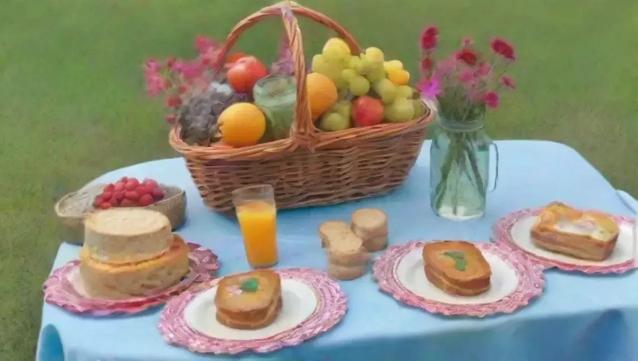 Un elegante picnic con manta floral, quesos, frutas frescas y un ambiente relajante bajo el sol