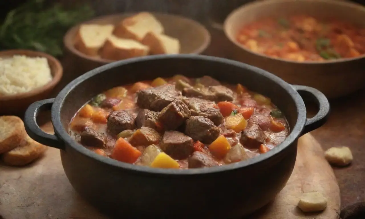 Potjiekos, un guiso sudafricano con ingredientes abundantes y especias en un ambiente acogedor