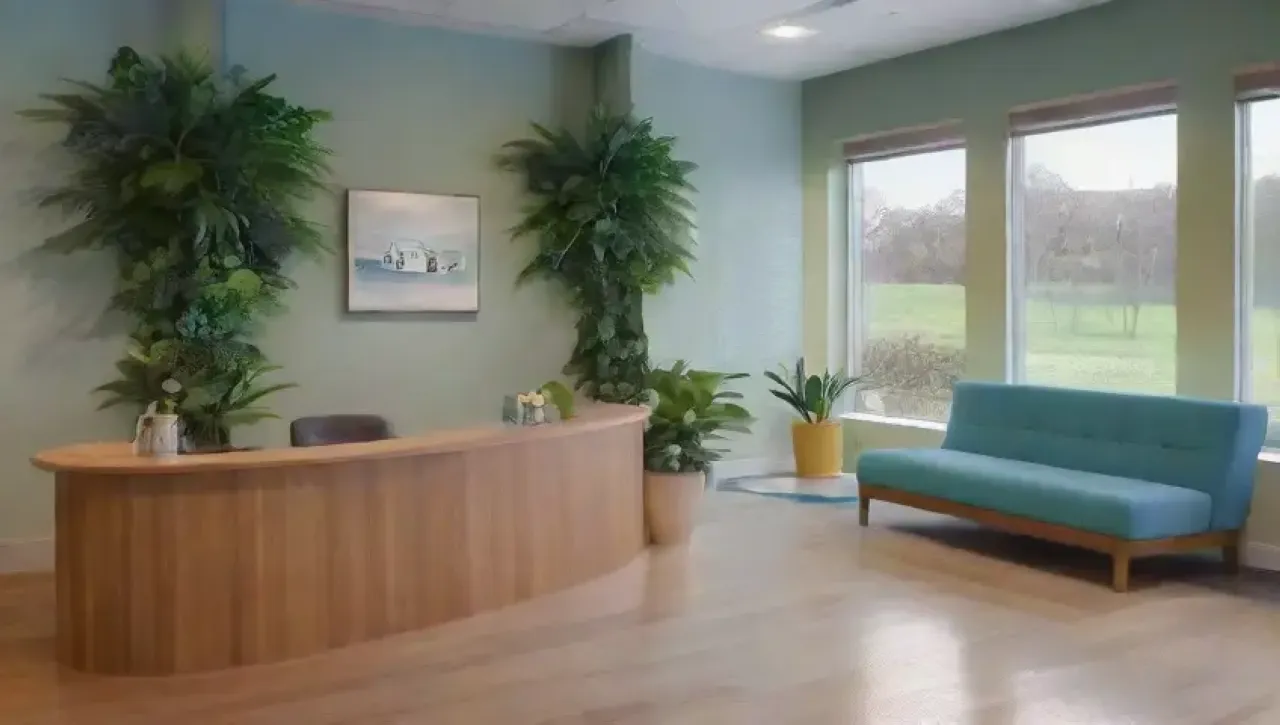 Un espacio de oficina sereno y acogedor, lleno de luz natural, plantas, arte vibrante y tecnología moderna, que fomenta la colaboración y la satisfacción del cliente