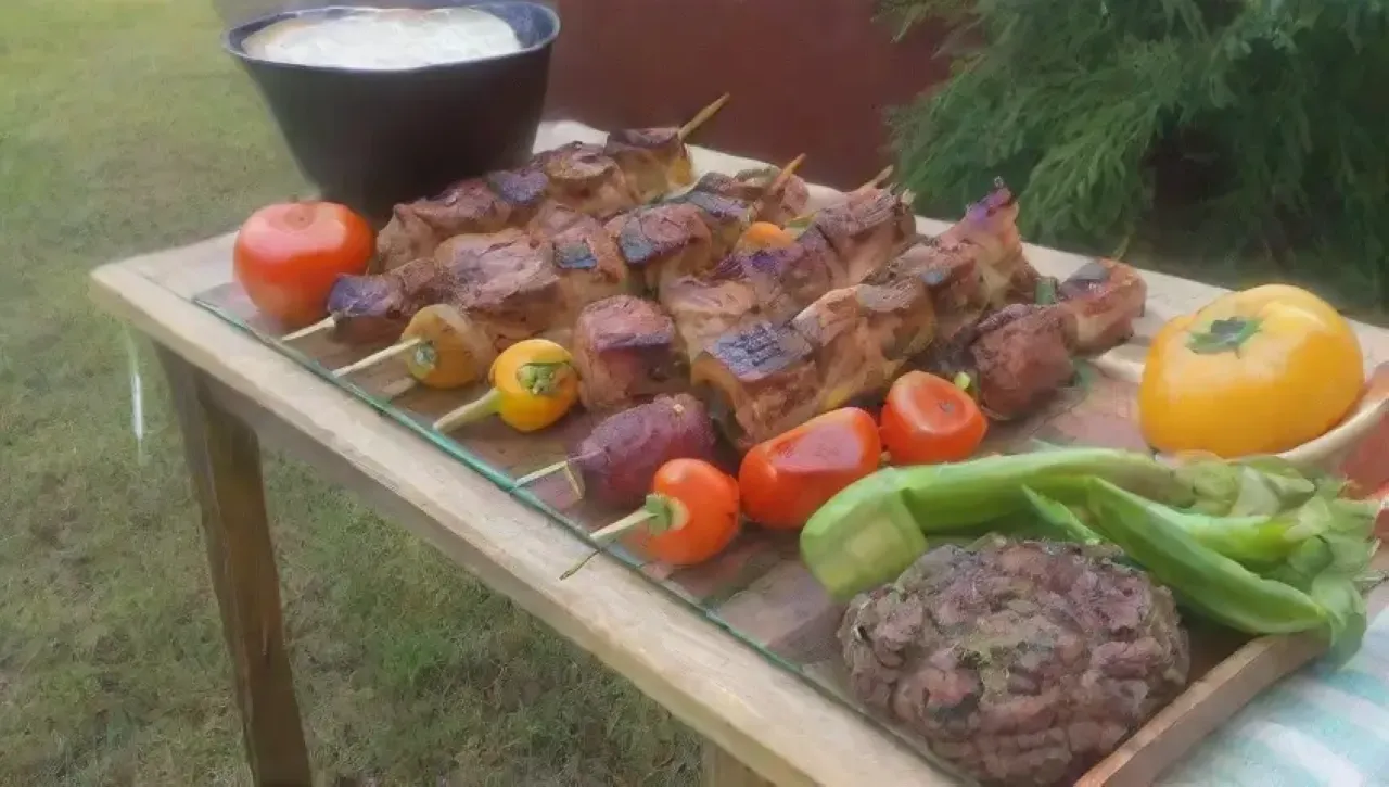 Brochetas de pollo con salsa BBQ y verduras en un ambiente acogedor de verano