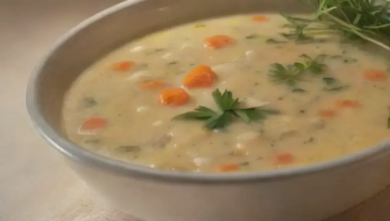 Sopa cremosa de frijoles blancos con hierbas frescas en un ambiente acogedor