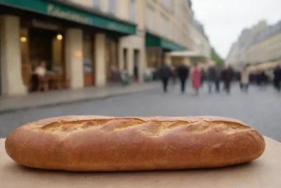Baguette dorada en calles francesas con cafés y tradición