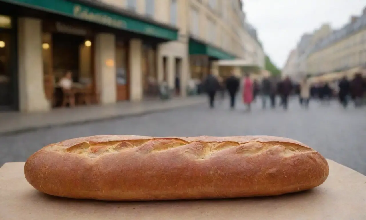 Baguette dorada en calles francesas con cafés y tradición