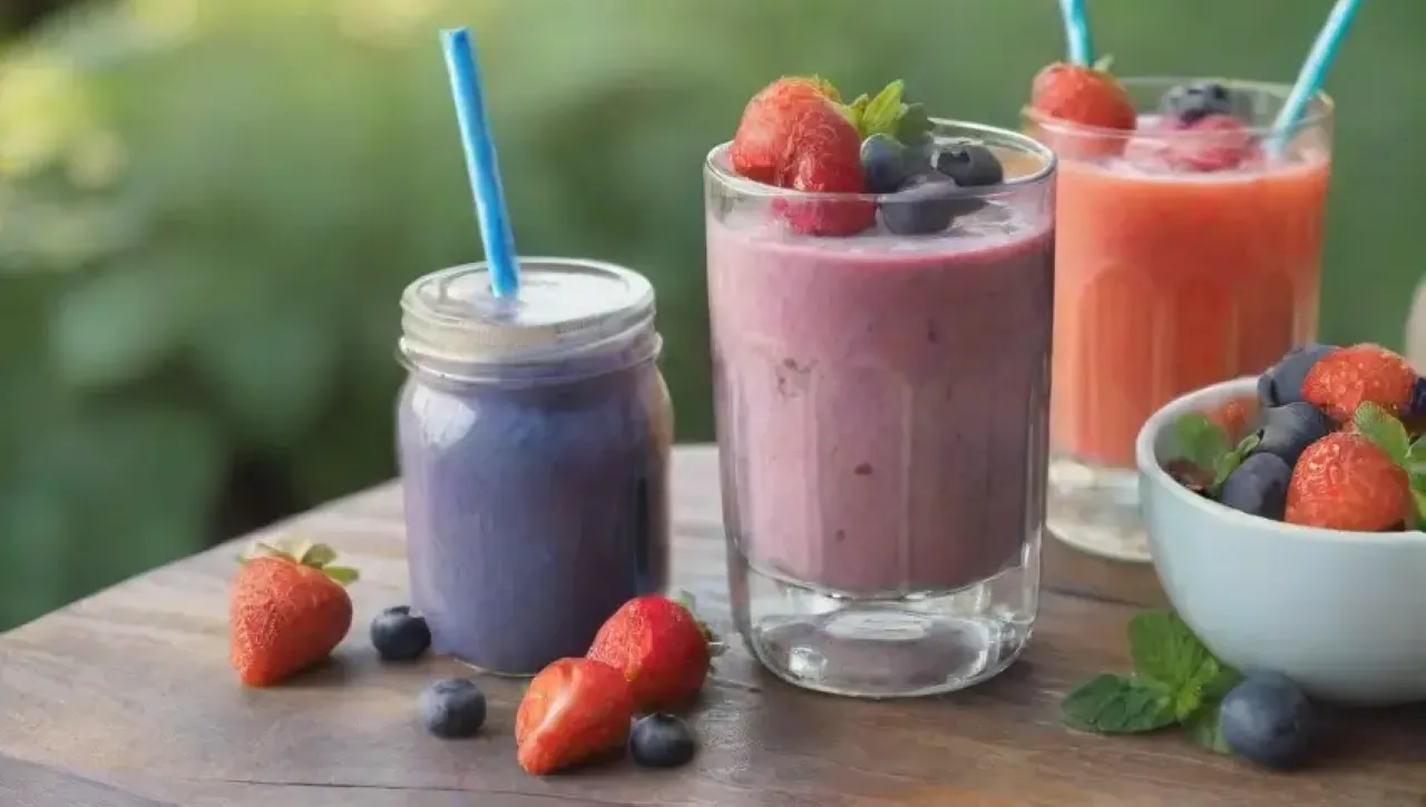 Un festín de frutas y smoothies coloridos en un ambiente veraniego