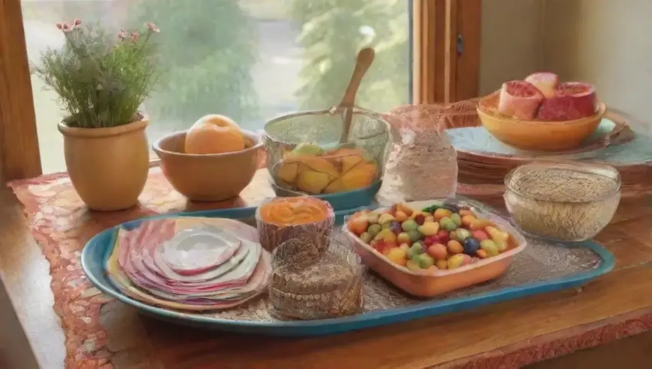 Escena de cocina vibrante con una mesa de madera pulida y utensilios coloridos