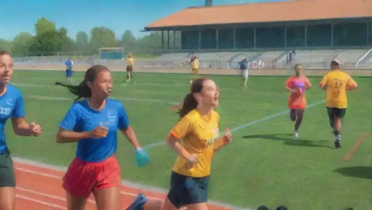Un animado campo deportivo con atletas en acción y la importancia de la hidratación