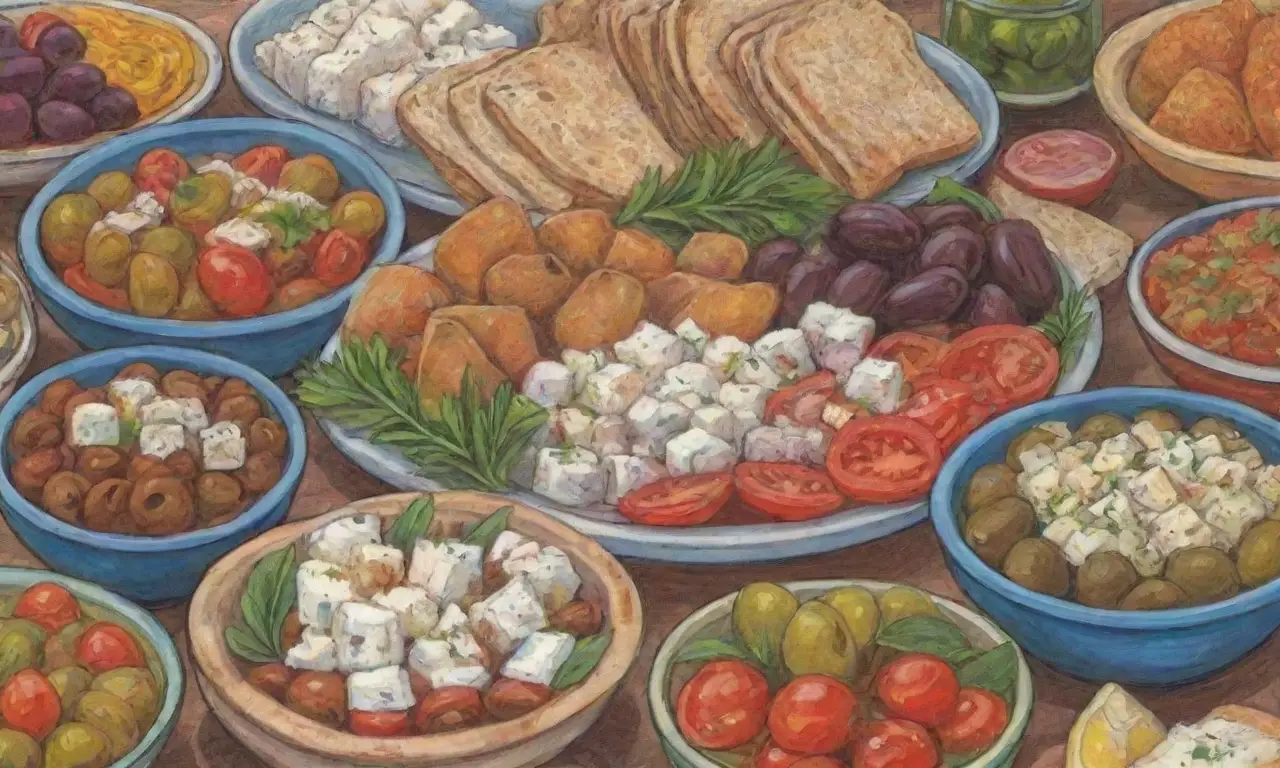 Meze griego clásico con colores vibrantes, ingredientes frescos y un ambiente festivo